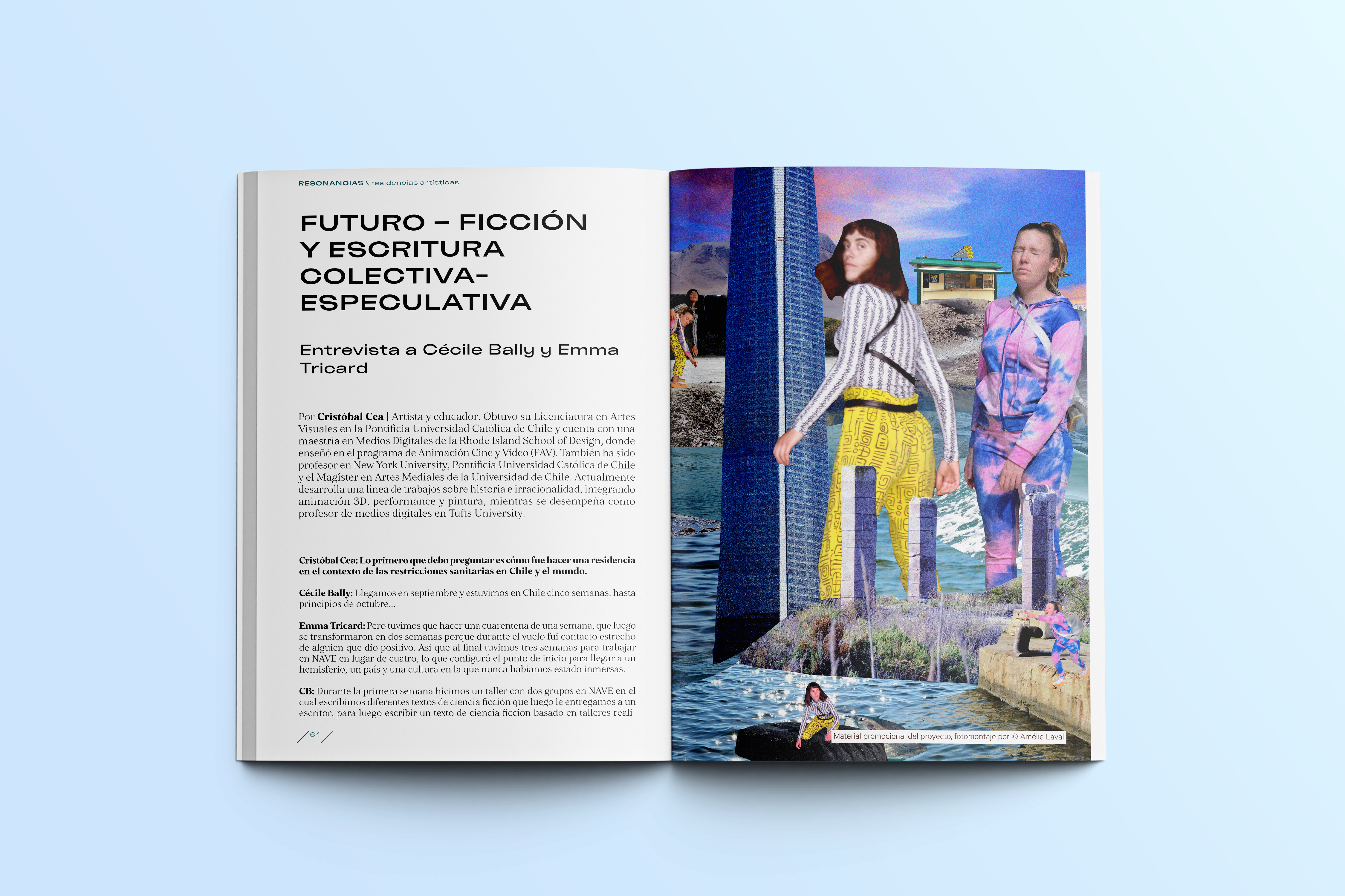 Doble página de la publicación “RESONANCIAS” con el artículo Futuro – Ficción y escritura colectiva-especulativa y un fotomontaje de Cécile Bally y Emma Triard en un paisaje surreal.