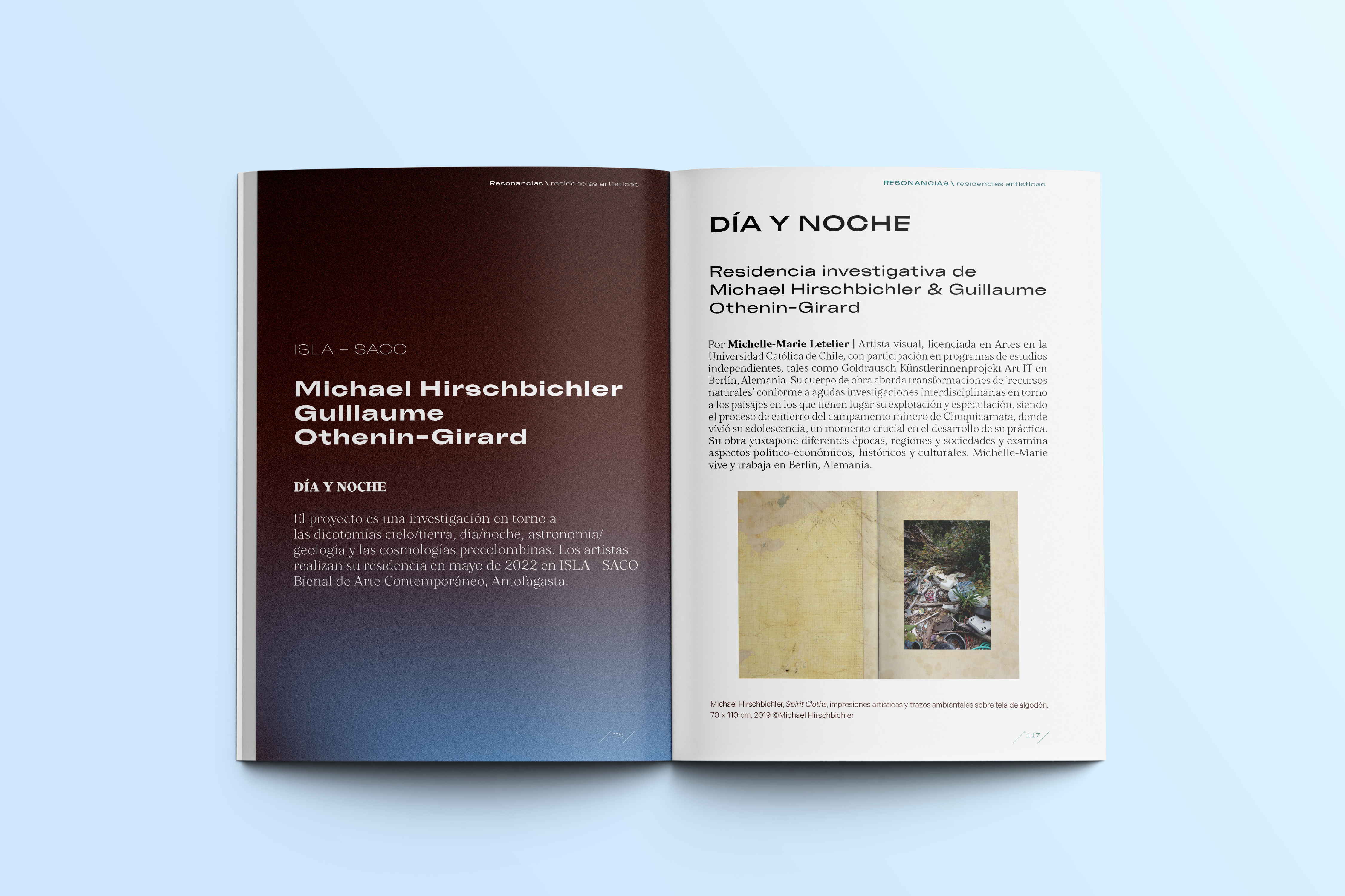 Doble página de la publicación “RESONANCIAS” con el artículo Día y Noche, residencia investigativa de Michael Hirschbichler y Guillaume Othenin-Girard, acompañada de imagen de obra con paisaje y materiales naturales.